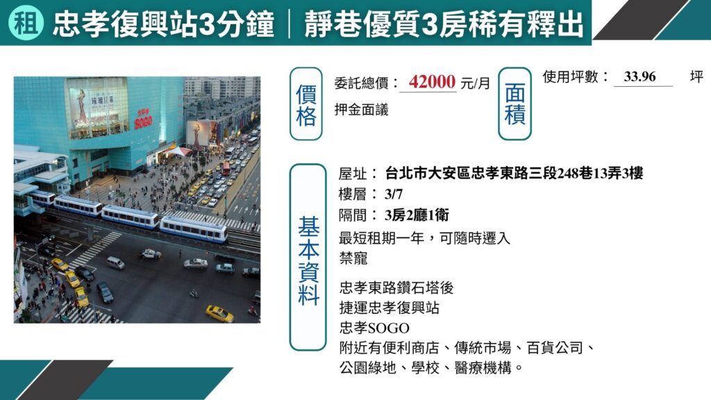 租|忠孝復興站3分鐘|大安靜巷優質3房稀有釋出