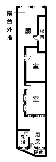 大同區鄭州路二樓格局圖,2 室 1 廳 1 衛,長條型格局,附廚房與後陽台
